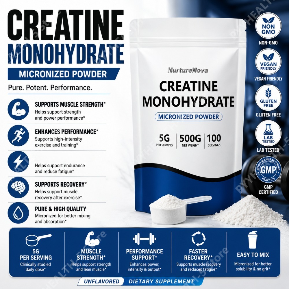 Creatine Monohydrate Powder - ผงครีเอทีนโมโนไฮเดรตแบบไมโครไนซ์ 500 กรัม, 100 หน่วยบริโภค, ช้อนตวง