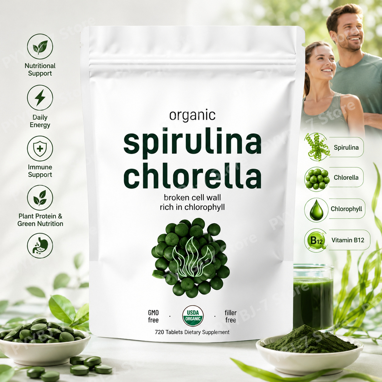 Spirulina Tablet Organic - สาหร่ายสไปรูลิน่า คลอเรลลา แบบเม็ด อาหารเสริมออร์แกนิก 720 เม็ด